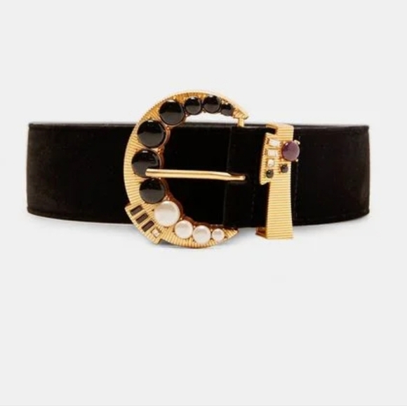ZARA, Black Velvet Bejewelled Buckle Wide Statement Belt, Size 31 Waist - Picture 1 of 10